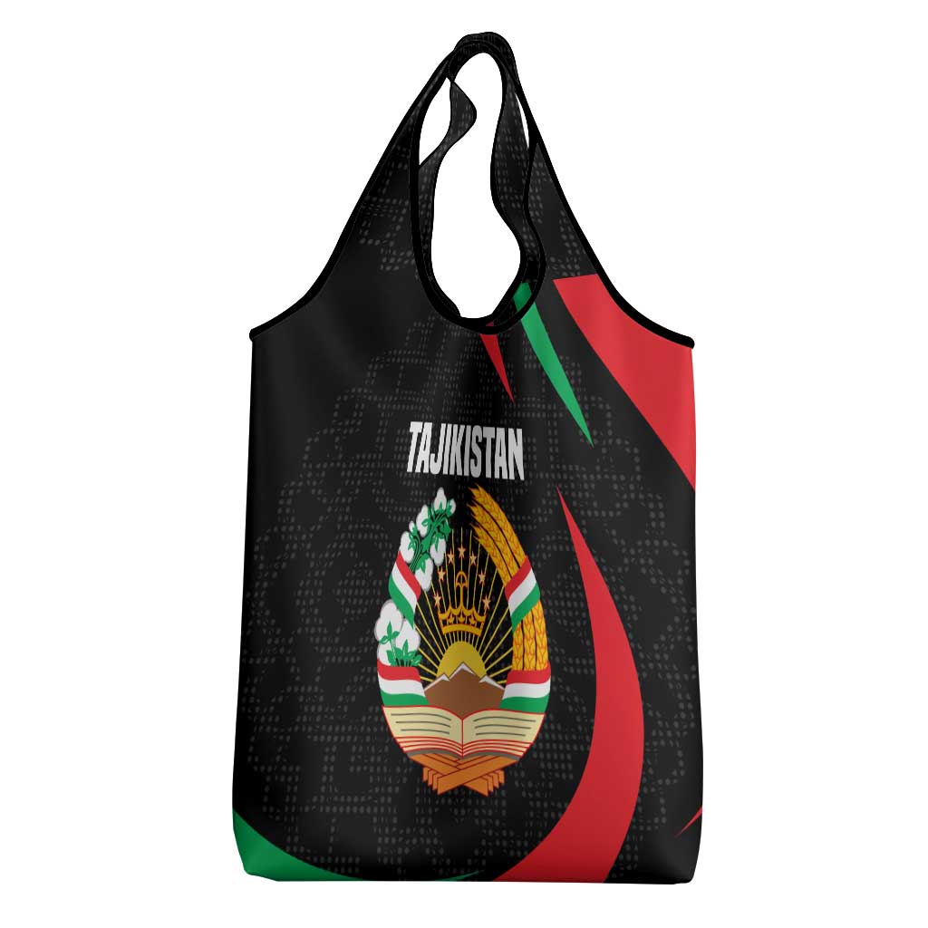 Tajikistan National Emblem Grocery Bag with Black Red Green Tribal Pattern