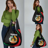 Tajikistan National Emblem Grocery Bag with Black Red Green Tribal Pattern