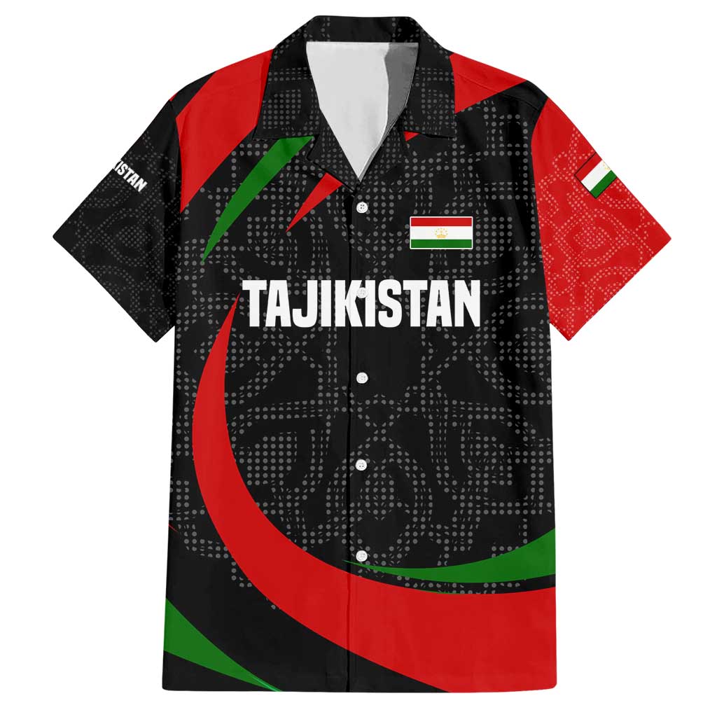 Tajikistan National Emblem Hawaiian Shirt with Black Red Green Tribal Pattern