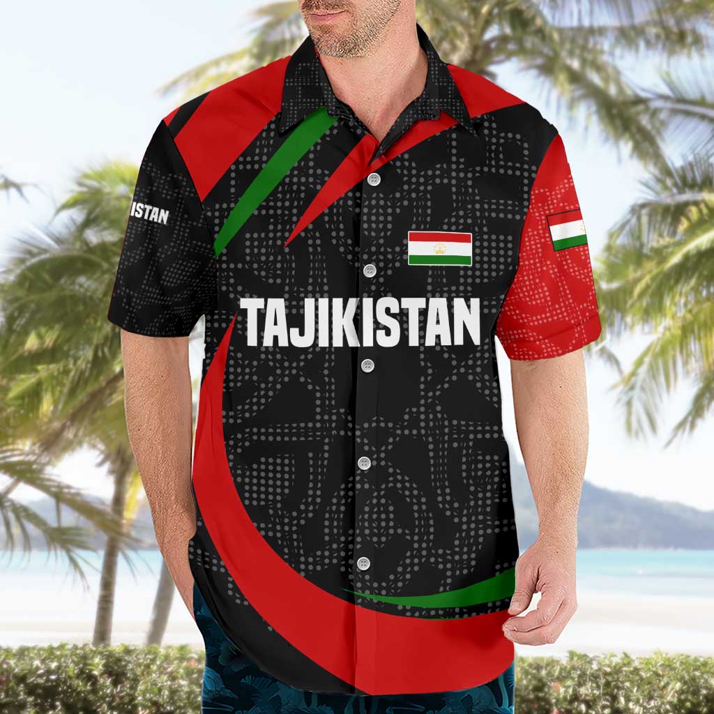 Tajikistan National Emblem Hawaiian Shirt with Black Red Green Tribal Pattern