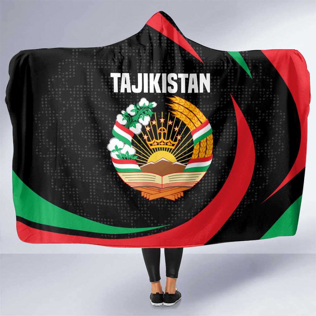 Tajikistan National Emblem Hooded Blanket with Black Red Green Tribal Pattern