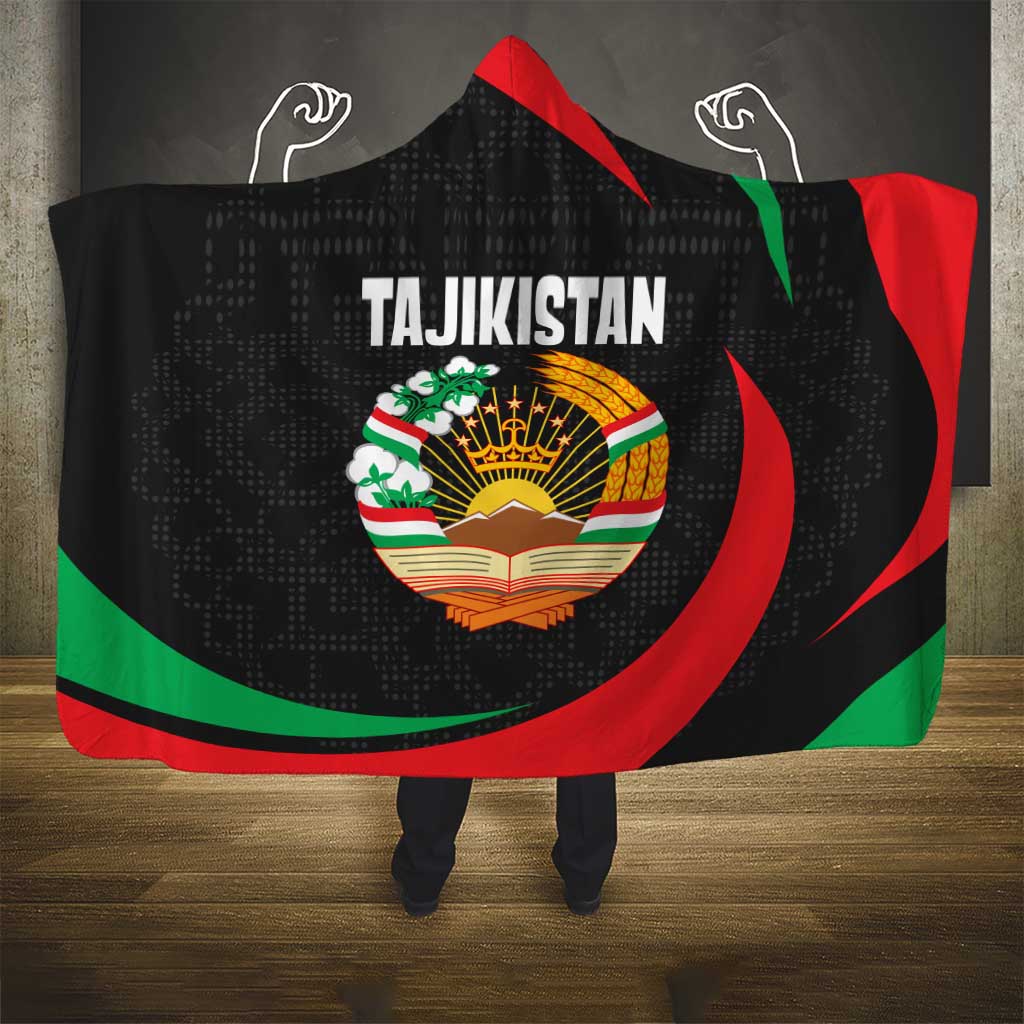 Tajikistan National Emblem Hooded Blanket with Black Red Green Tribal Pattern
