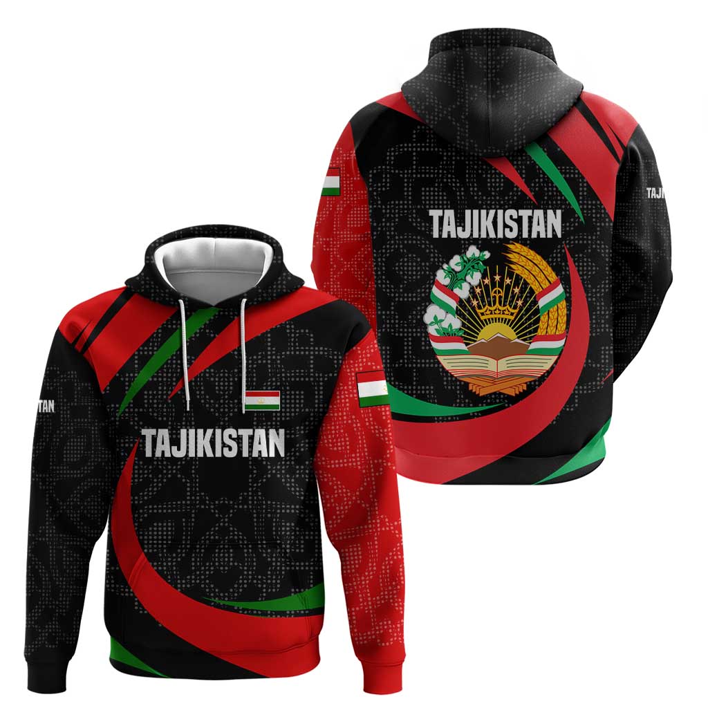 Tajikistan National Emblem Hoodie with Black Red Green Tribal Pattern