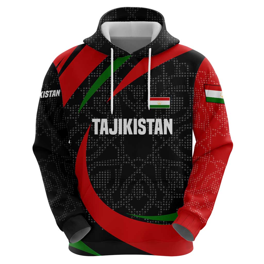 Tajikistan National Emblem Hoodie with Black Red Green Tribal Pattern