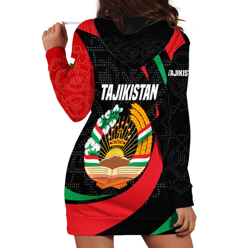 Tajikistan National Emblem Hoodie Dress with Black Red Green Tribal Pattern