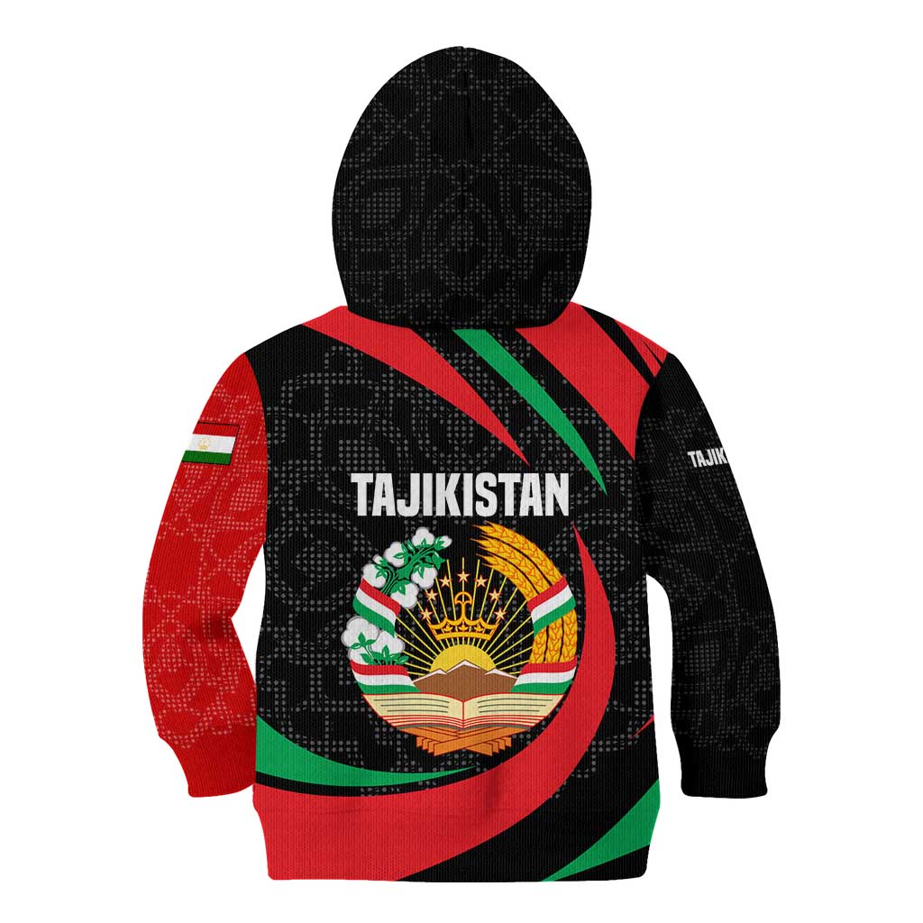 Tajikistan National Emblem Kid Hoodie with Black Red Green Tribal Pattern