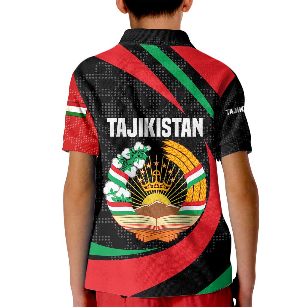 Tajikistan National Emblem Kid Polo Shirt with Black Red Green Tribal Pattern