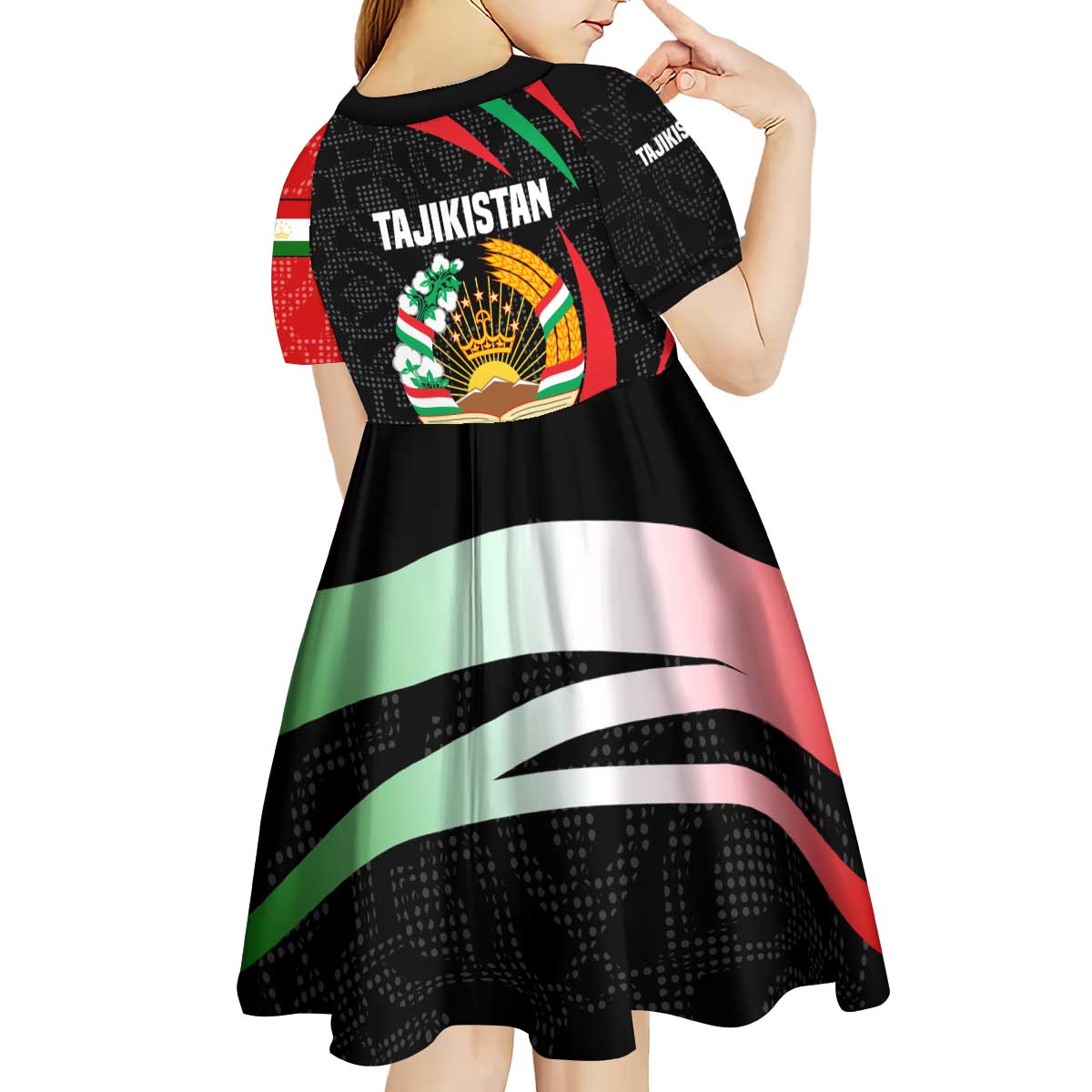 Tajikistan National Emblem Kid Short Sleeve Dress with Black Red Green Tribal Pattern
