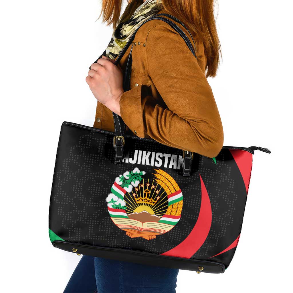 Tajikistan National Emblem Leather Tote Bag with Black Red Green Tribal Pattern