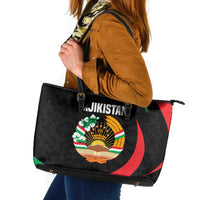 Tajikistan National Emblem Leather Tote Bag with Black Red Green Tribal Pattern