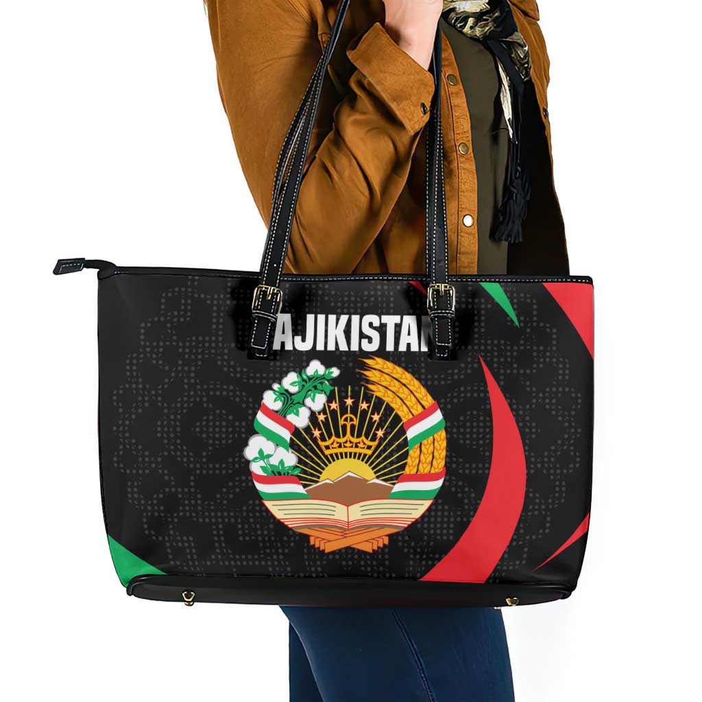 Tajikistan National Emblem Leather Tote Bag with Black Red Green Tribal Pattern