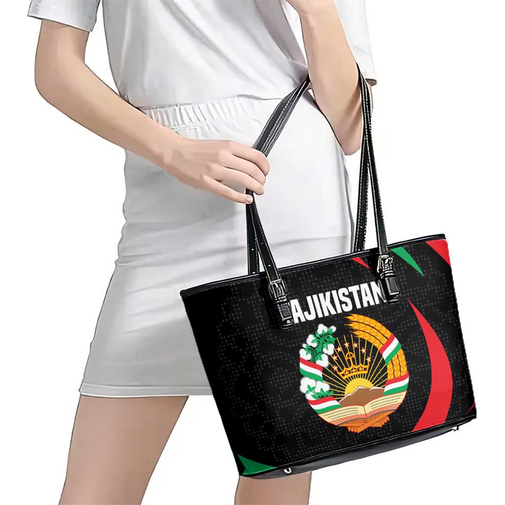 Tajikistan National Emblem Leather Tote Bag with Black Red Green Tribal Pattern