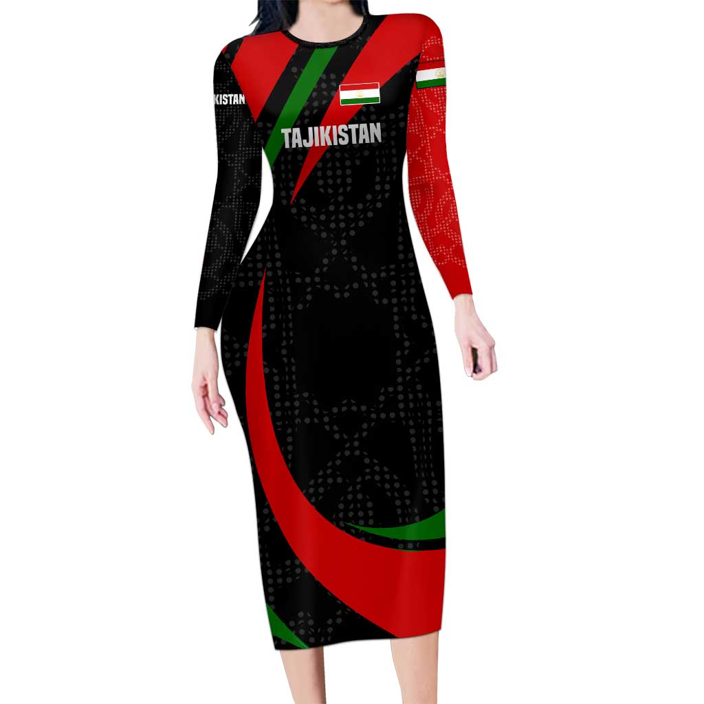 Tajikistan National Emblem Long Sleeve Bodycon Dress with Black Red Green Tribal Pattern