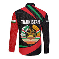Tajikistan National Emblem Long Sleeve Button Shirt with Black Red Green Tribal Pattern