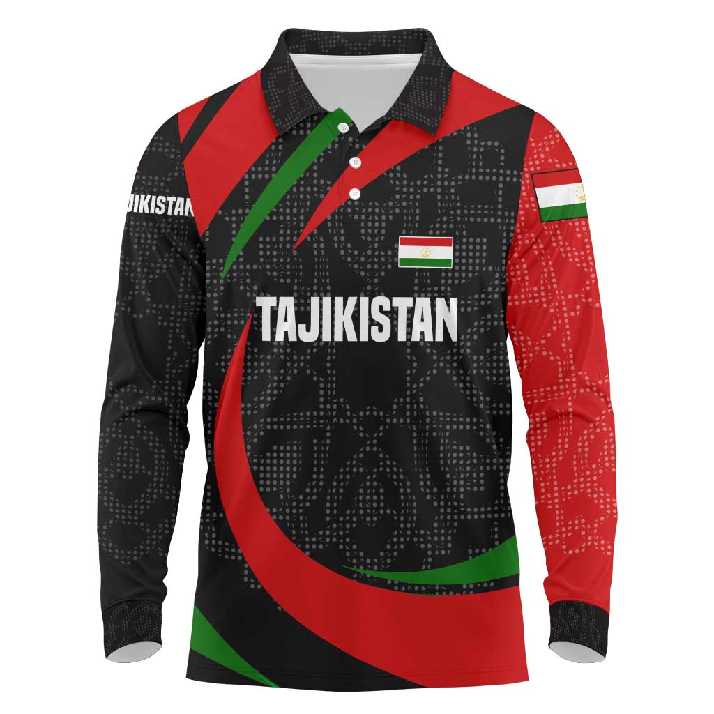 Tajikistan National Emblem Long Sleeve Polo Shirt with Black Red Green Tribal Pattern