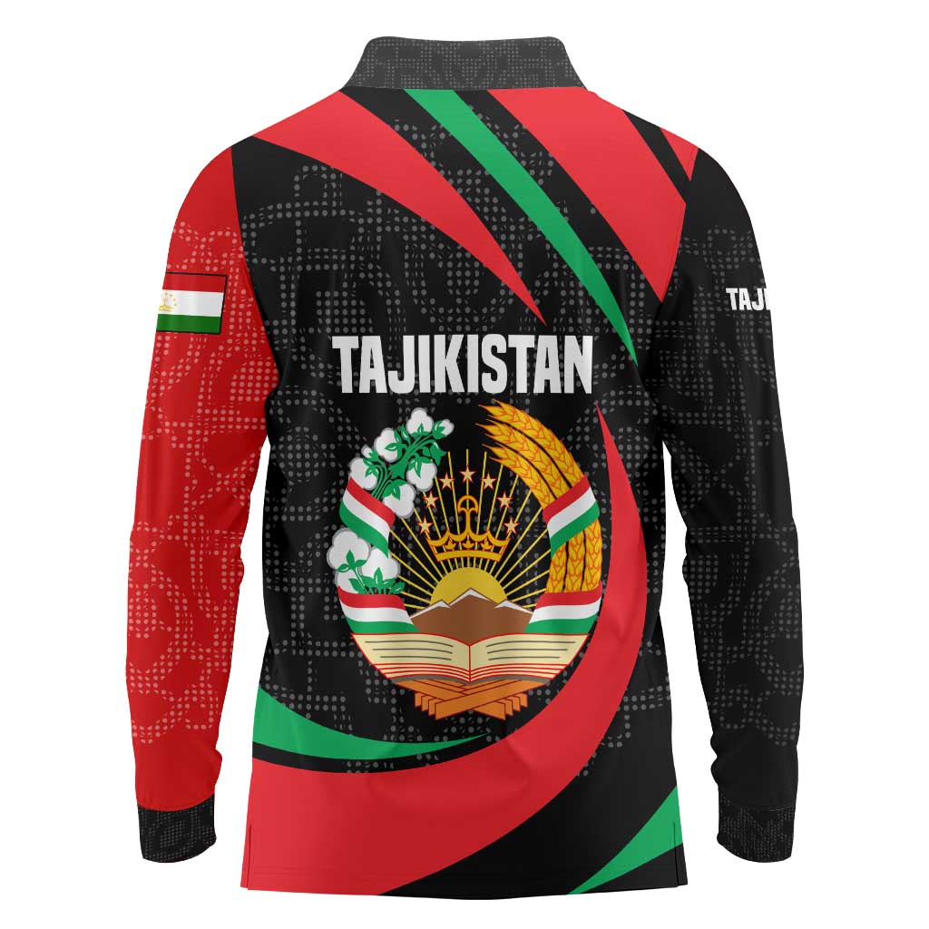 Tajikistan National Emblem Long Sleeve Polo Shirt with Black Red Green Tribal Pattern