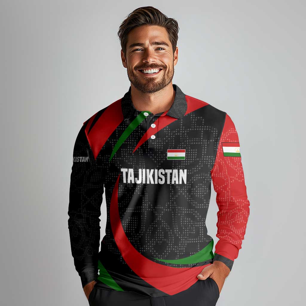 Tajikistan National Emblem Long Sleeve Polo Shirt with Black Red Green Tribal Pattern