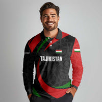 Tajikistan National Emblem Long Sleeve Polo Shirt with Black Red Green Tribal Pattern