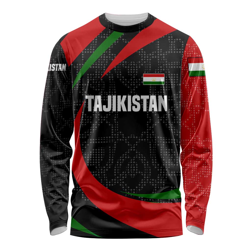 Tajikistan National Emblem Long Sleeve Shirt with Black Red Green Tribal Pattern