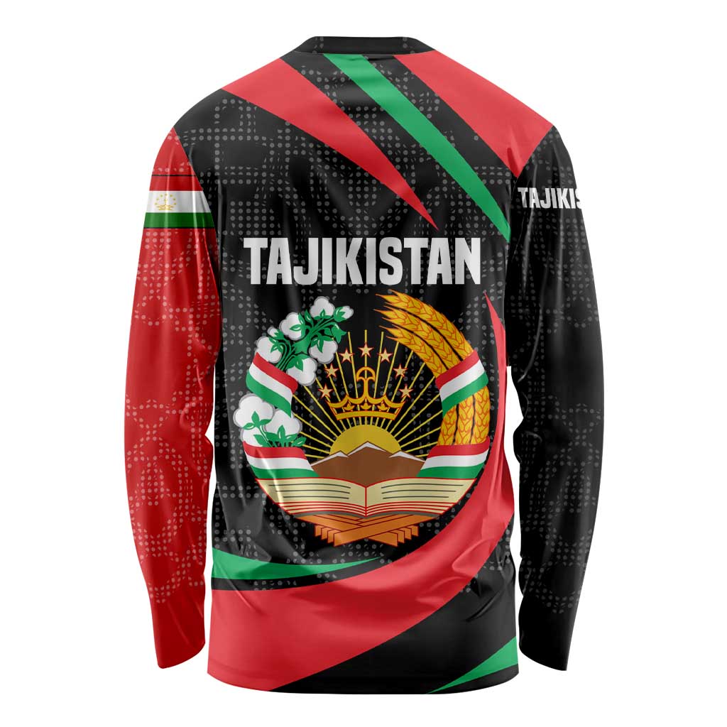Tajikistan National Emblem Long Sleeve Shirt with Black Red Green Tribal Pattern