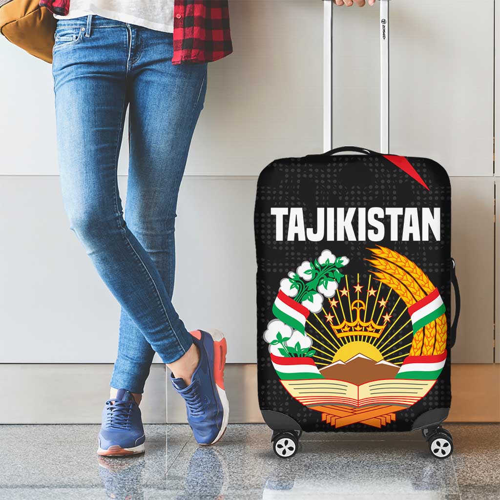 Tajikistan National Emblem Luggage Cover with Black Red Green Tribal Pattern