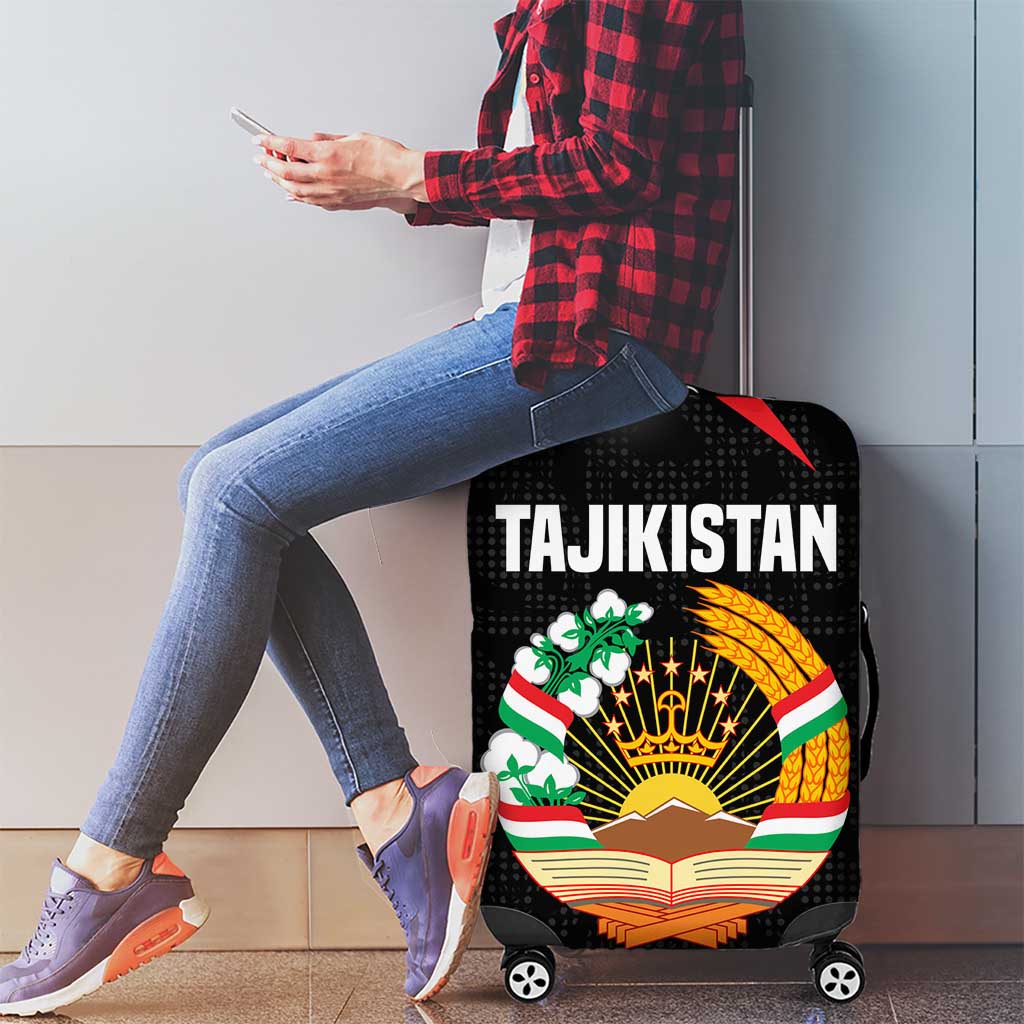 Tajikistan National Emblem Luggage Cover with Black Red Green Tribal Pattern