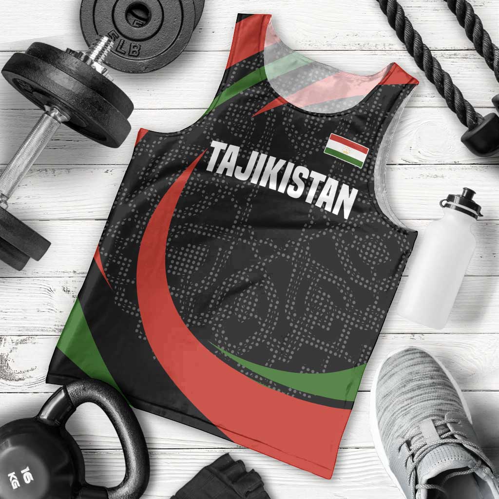 Tajikistan National Emblem Men Tank Top with Black Red Green Tribal Pattern