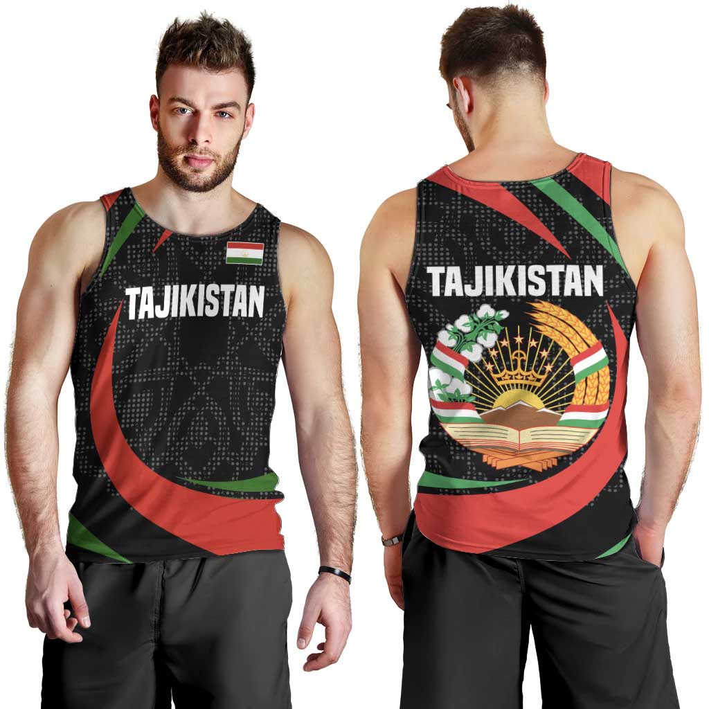 Tajikistan National Emblem Men Tank Top with Black Red Green Tribal Pattern