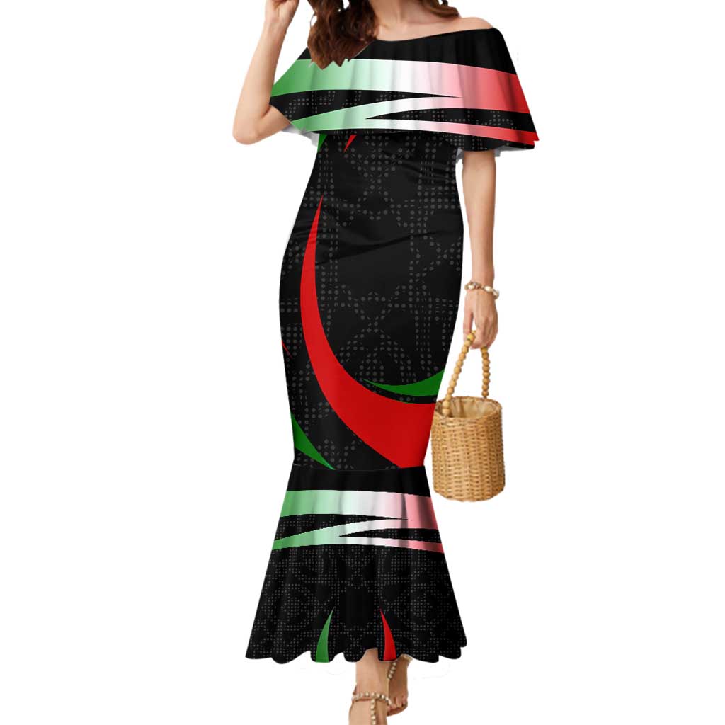 Tajikistan National Emblem Mermaid Dress with Black Red Green Tribal Pattern