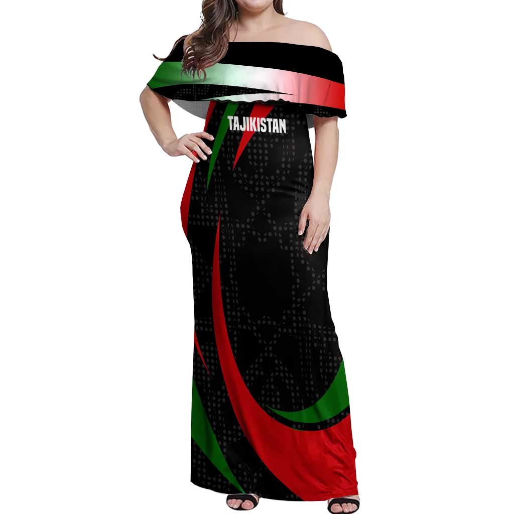 Tajikistan National Emblem Off Shoulder Maxi Dress with Black Red Green Tribal Pattern