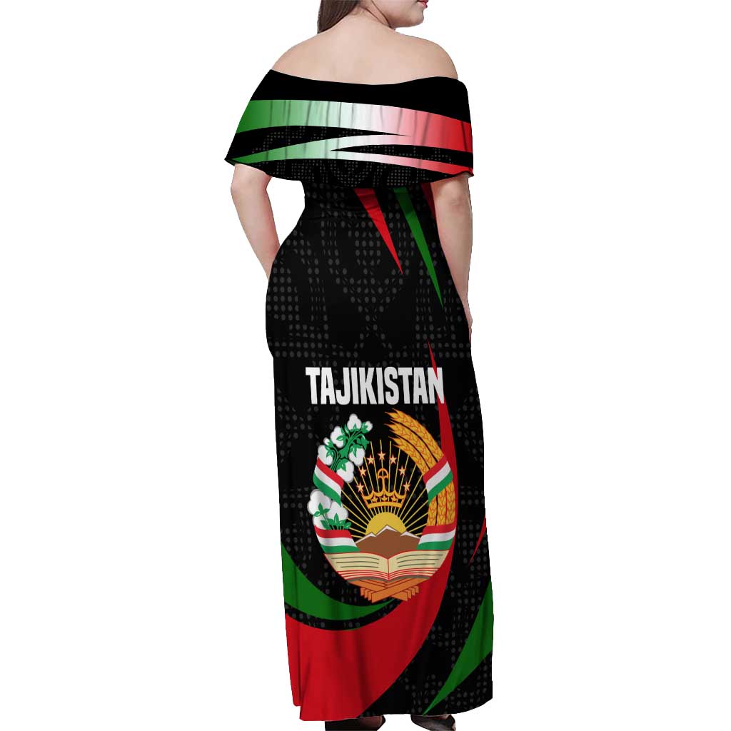 Tajikistan National Emblem Off Shoulder Maxi Dress with Black Red Green Tribal Pattern