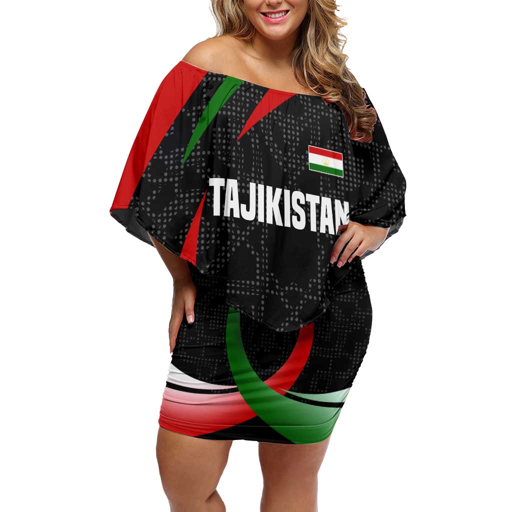 Tajikistan National Emblem Off Shoulder Short Dress with Black Red Green Tribal Pattern