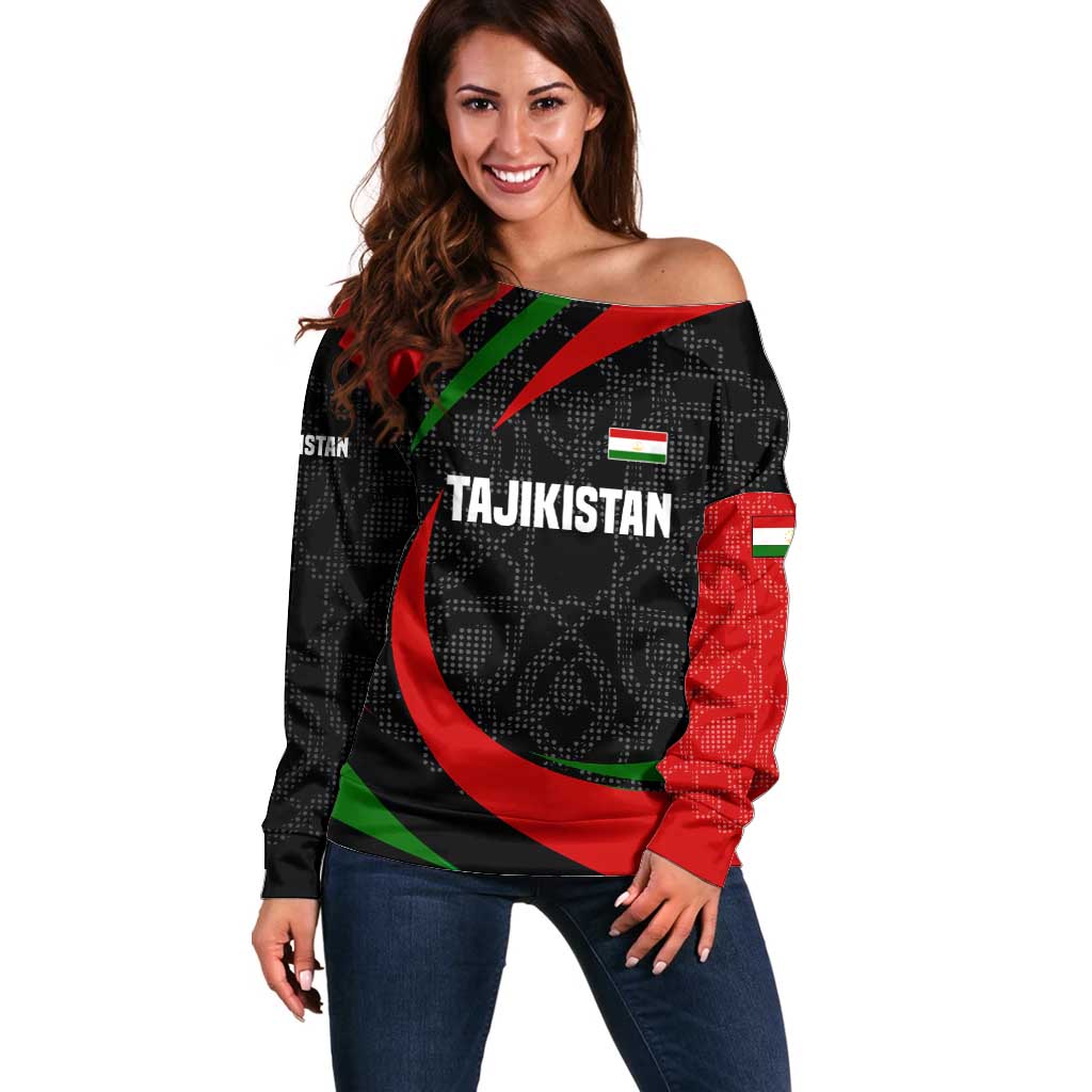 Tajikistan National Emblem Off Shoulder Sweater with Black Red Green Tribal Pattern