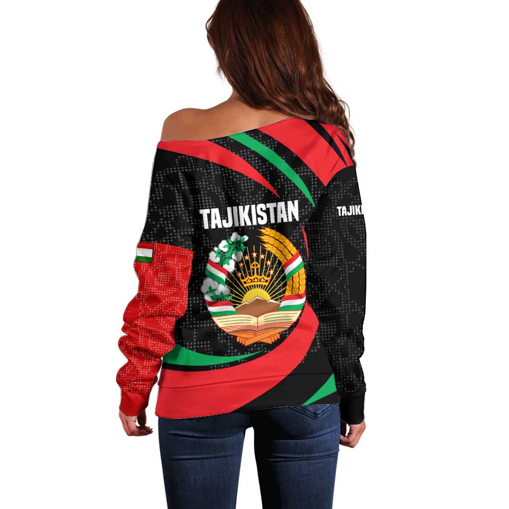 Tajikistan National Emblem Off Shoulder Sweater with Black Red Green Tribal Pattern