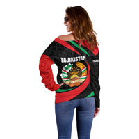 Tajikistan National Emblem Off Shoulder Sweater with Black Red Green Tribal Pattern