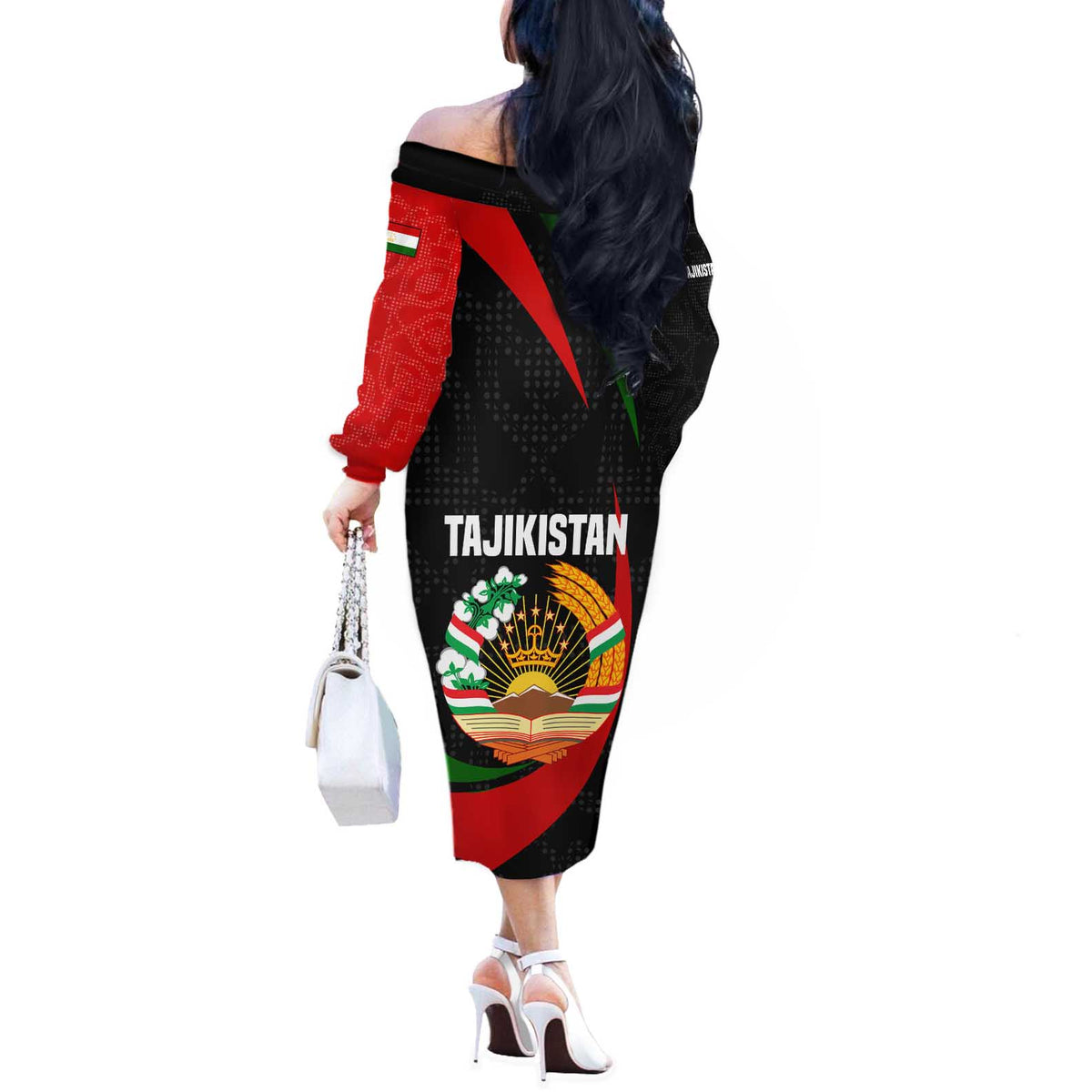 Tajikistan National Emblem Off The Shoulder Long Sleeve Dress with Black Red Green Tribal Pattern
