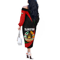 Tajikistan National Emblem Off The Shoulder Long Sleeve Dress with Black Red Green Tribal Pattern