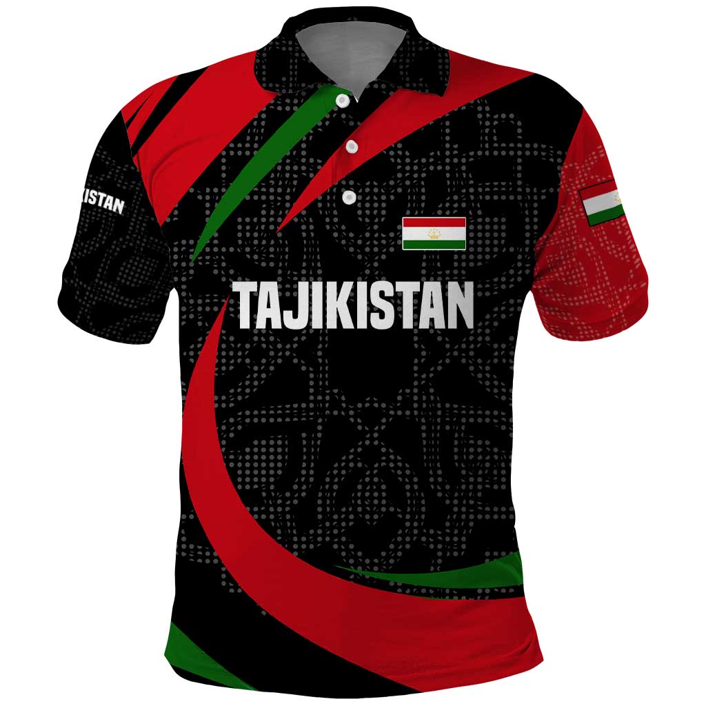 Tajikistan National Emblem Polo Shirt with Black Red Green Tribal Pattern