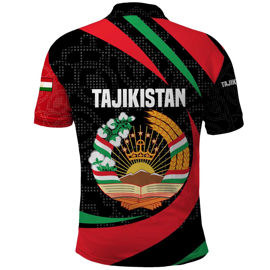 Tajikistan National Emblem Polo Shirt with Black Red Green Tribal Pattern