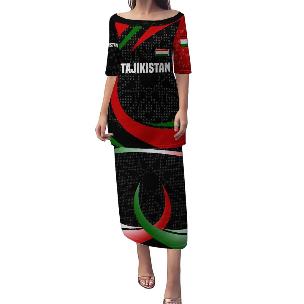 Tajikistan National Emblem Puletasi with Black Red Green Tribal Pattern