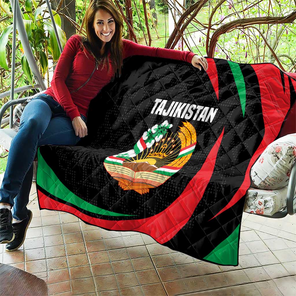 Tajikistan National Emblem Quilt with Black Red Green Tribal Pattern