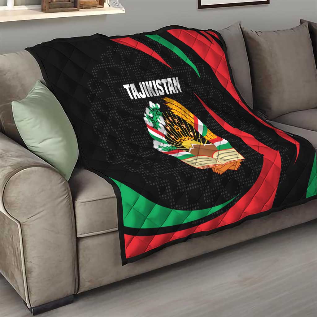 Tajikistan National Emblem Quilt with Black Red Green Tribal Pattern