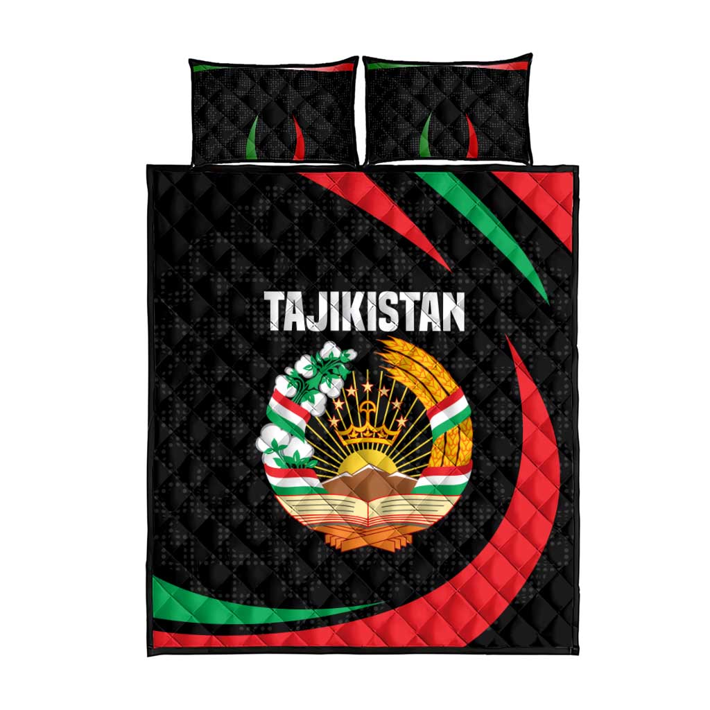 Tajikistan National Emblem Quilt Bed Set with Black Red Green Tribal Pattern