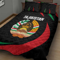 Tajikistan National Emblem Quilt Bed Set with Black Red Green Tribal Pattern