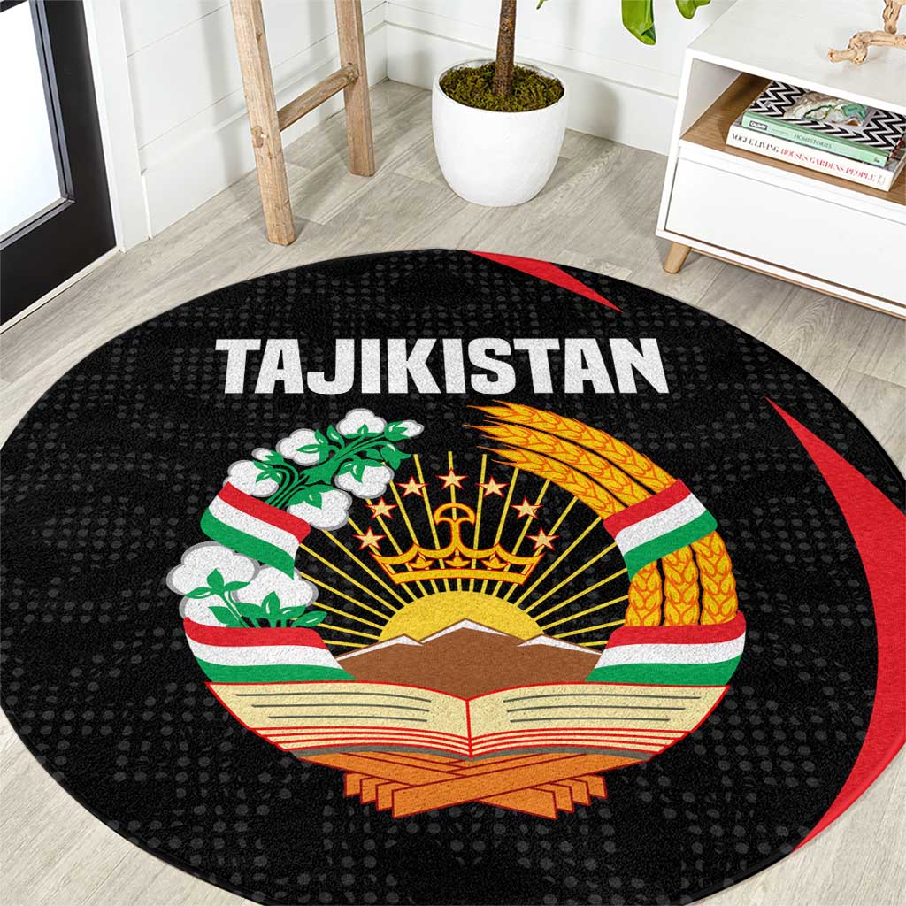Tajikistan National Emblem Round Carpet with Black Red Green Tribal Pattern