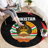 Tajikistan National Emblem Round Carpet with Black Red Green Tribal Pattern