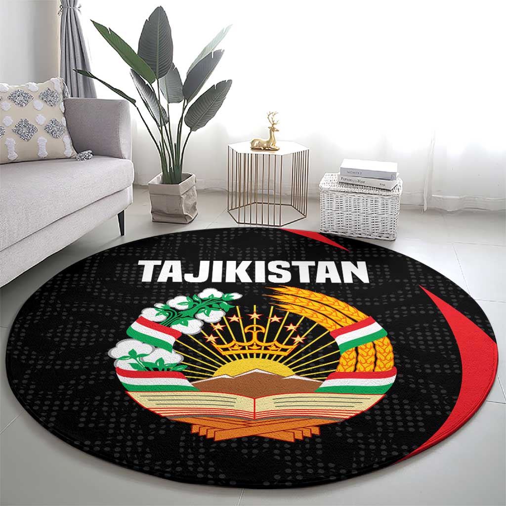 Tajikistan National Emblem Round Carpet with Black Red Green Tribal Pattern