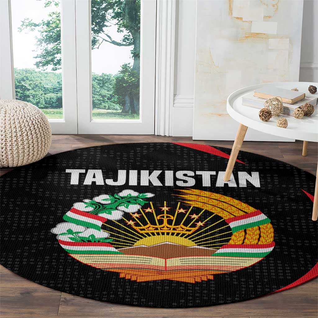 Tajikistan National Emblem Round Carpet with Black Red Green Tribal Pattern