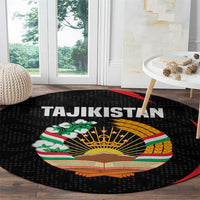 Tajikistan National Emblem Round Carpet with Black Red Green Tribal Pattern