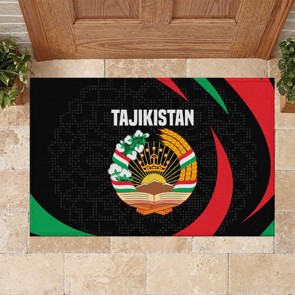 Tajikistan National Emblem Rubber Doormat with Black Red Green Tribal Pattern